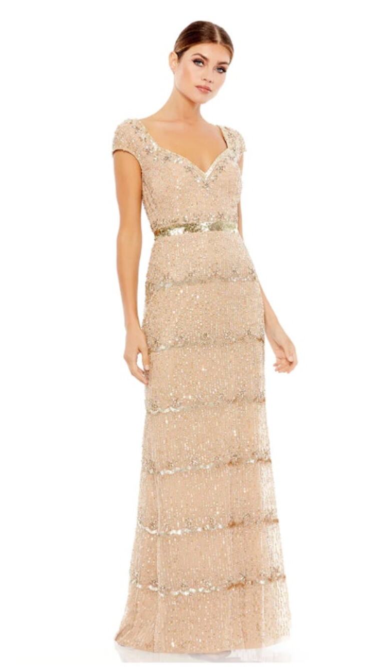 Mac Duggal 4 nude gold Cap Sleeve Embellished Column Gown dress sequin prom gala